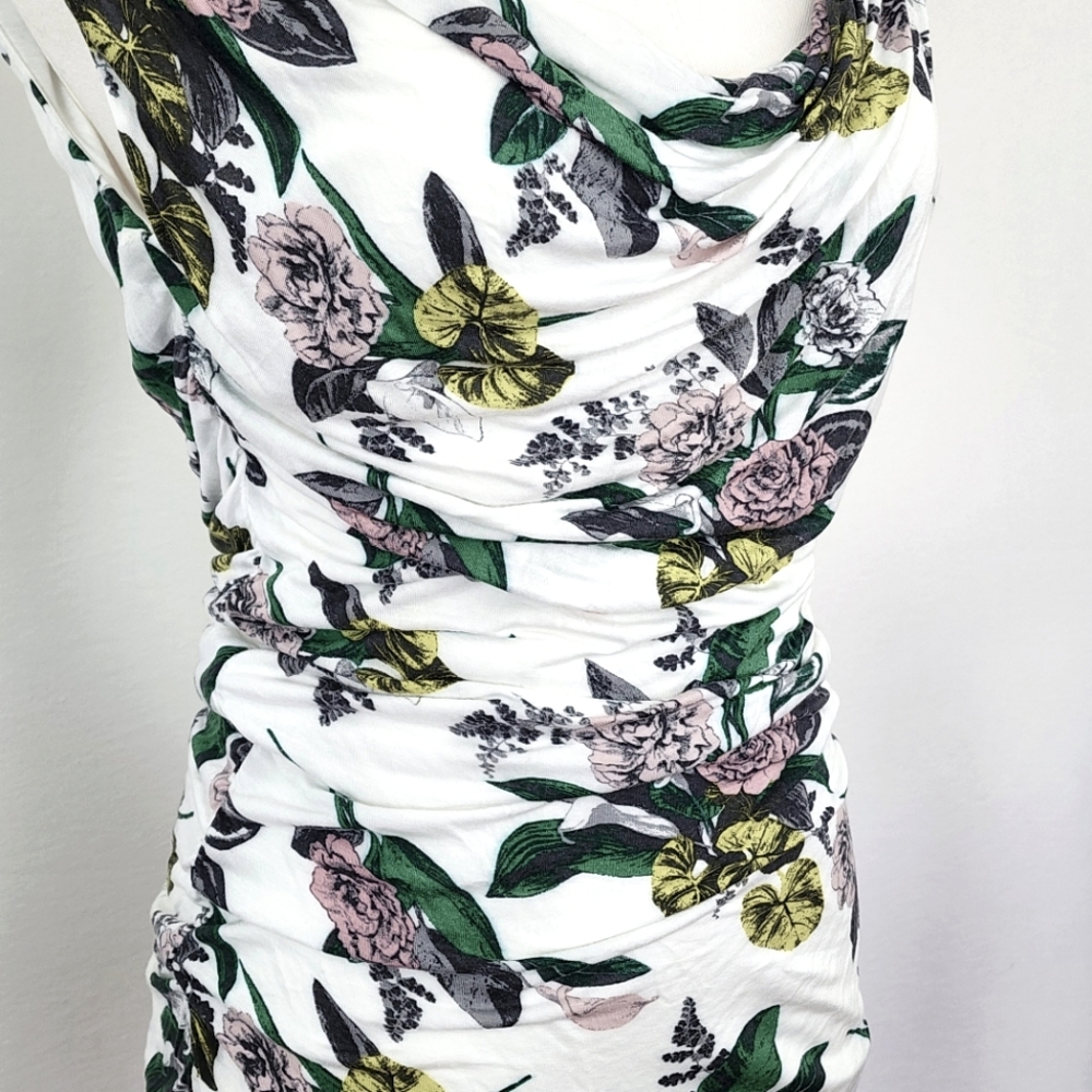 H&M White Floral Ruched Tank Top Medium Fully Lined - Picture 4 of 9